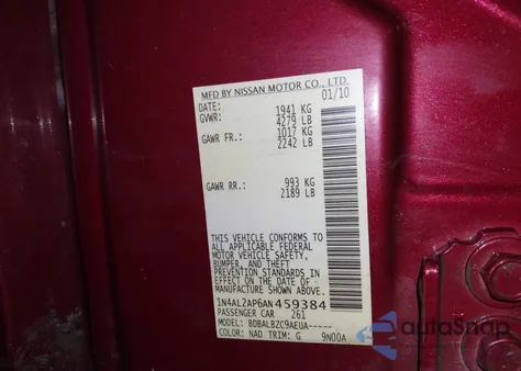 2010 Nissan Altima 2.5 S z USA, uszkodzony, nr VIN 1N4AL2AP6AN459384